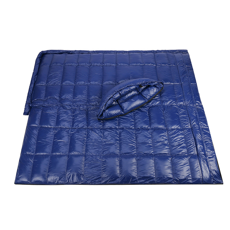 ECOTREK goose down envelope sleeping bag in silver, compact and lightweight for outdoor camping and backpacking.