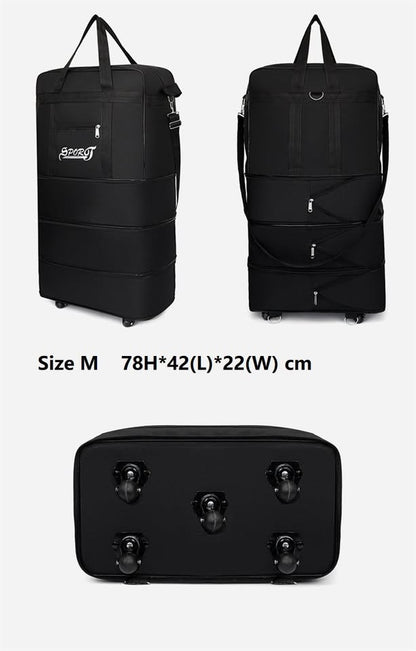 ECOTREK high-capacity foldable storage bag with wheels, ideal for airline checked luggage and travel organization.