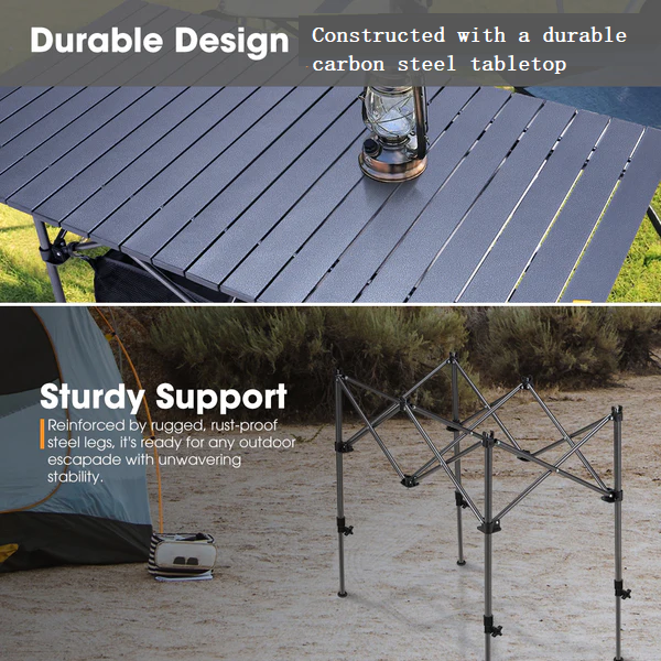 Black ECOTREK folding camping table, 95cm adjustable portable outdoor table set up outdoors with a sturdy surface.