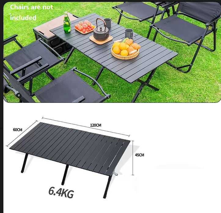 Black portable outdoor folding table by ECOTREK, egg roll style, 120cm length, lightweight and collapsible for easy transport.