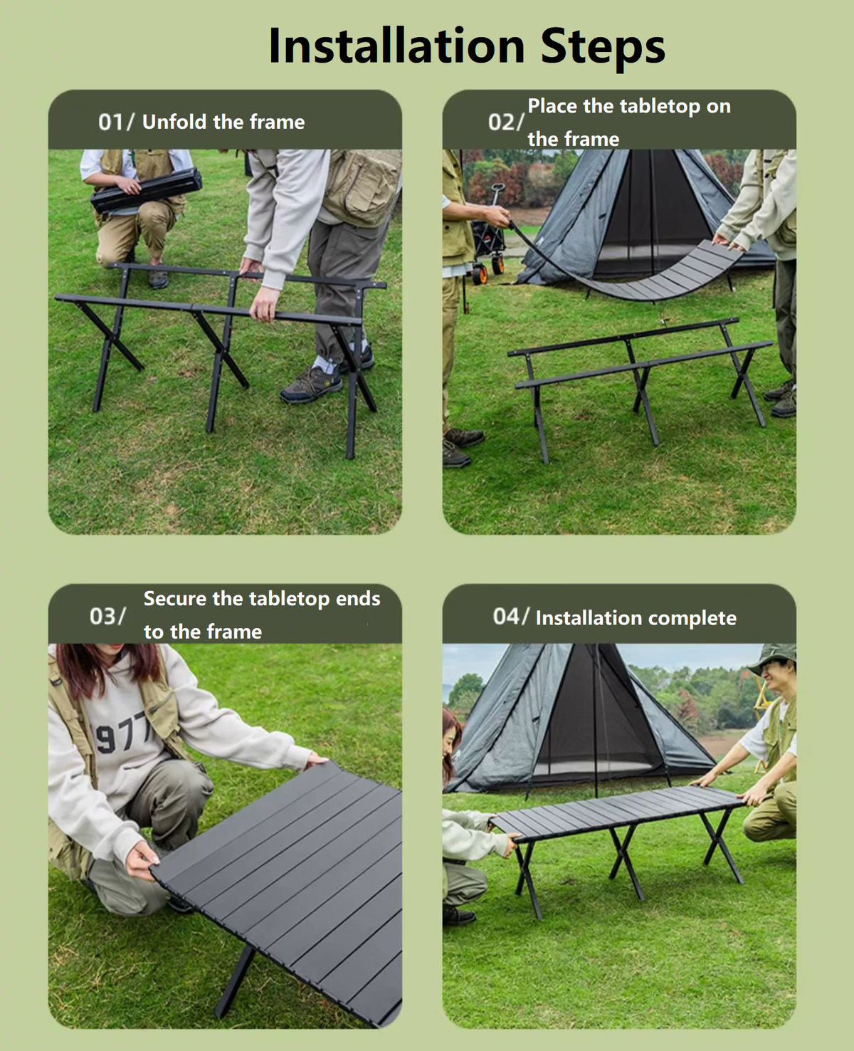 Black ECOTREK portable outdoor folding table in egg roll style, 120cm long, suitable for outdoor use and easy to transport.