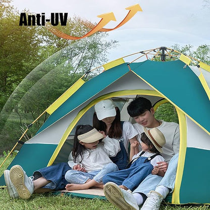 Green ECOTREK pop-up automatic camping tent set up outdoors, lightweight and easy to assemble for camping adventures.