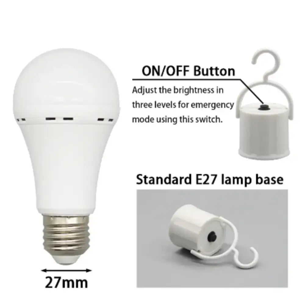 Habicare SS emergency light bulb in cool white, 7W with 1500mAh battery, providing backup lighting during power outages.