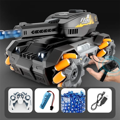 RC stunt tank from dealonline.co.nz with gesture control, LED lights, music, water bullet balls, and remote control features.