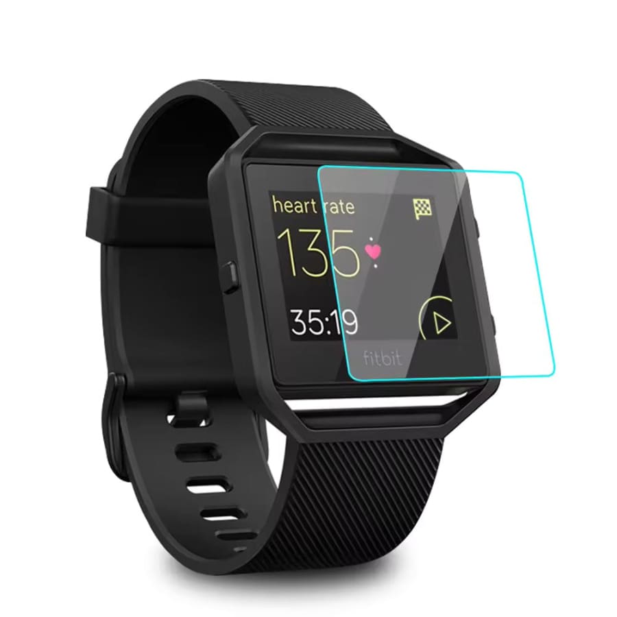 Black Fitbit Blaze screen protector for smartwatch, showing a clear protective film on the device's display.