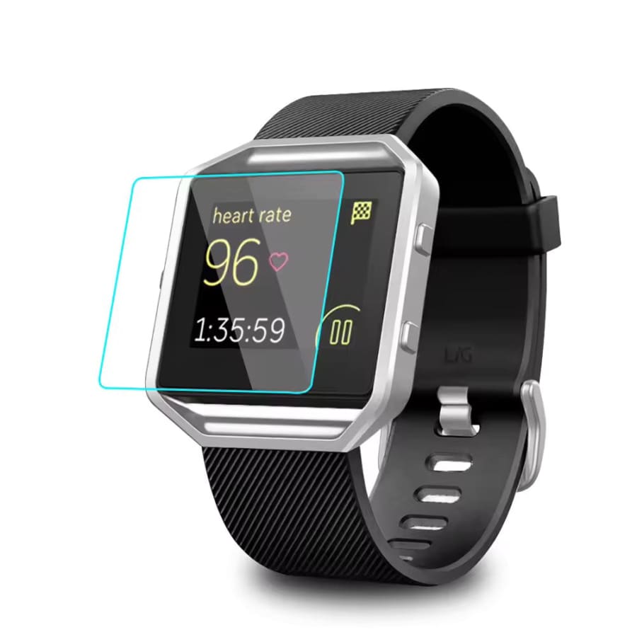 Fitbit Blaze smartwatch with silver and black screen protector, clear protective cover for watch screen, from That Watch Shop.