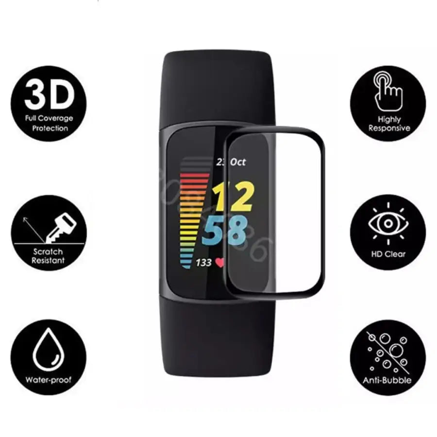 Pack of five Habicare Fitbit Charge 3 and 4 watch screen protectors, clear and durable for screen protection.
