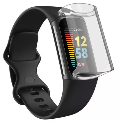 Clear protective case for Fitbit Charge 5 by Habicare, showcasing a transparent watch cover for secure fit and protection.
