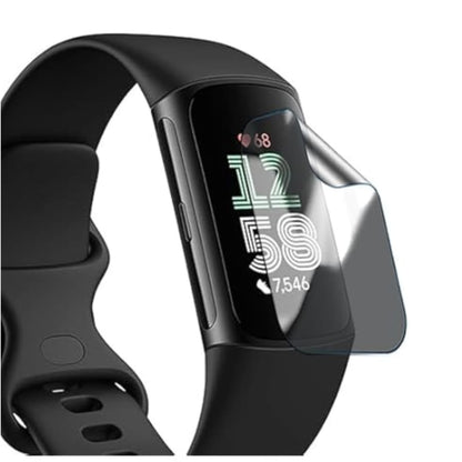 Set of four black hydrogel screen protectors for Fitbit Charge 6 smartwatch, designed to shield the watch face from scratches.