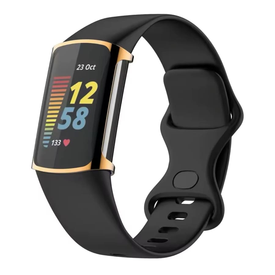 Black protective case for Fitbit Charge 6 fitness tracker, designed by That Watch Shop, showcasing the sleek watch with the case fitted.