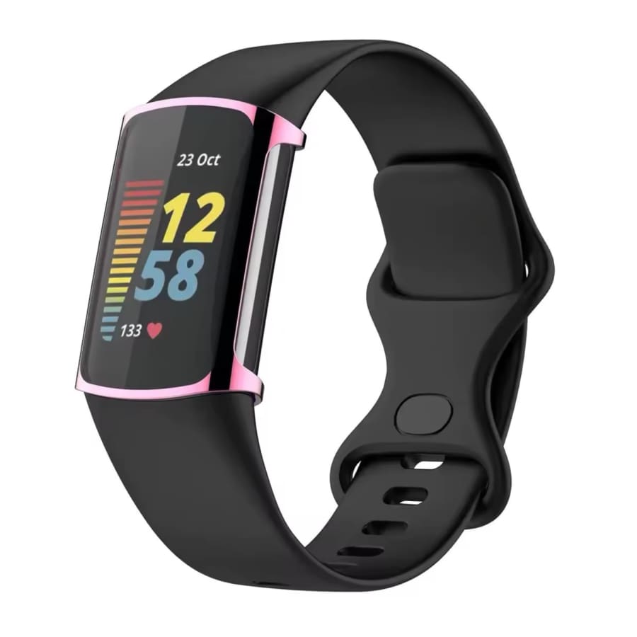Black protective case for Fitbit Charge 6 fitness tracker, designed to shield and personalize the smartwatch.