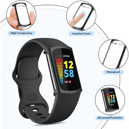 Black protective case for Fitbit Charge 6 fitness tracker, designed by That Watch Shop, showcasing the sleek watch with the case installed.