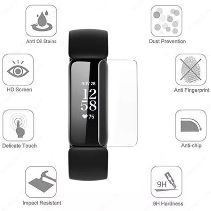 Fitbit Inspire 2 fitness tracker with transparent screen protector for enhanced screen protection and clarity.