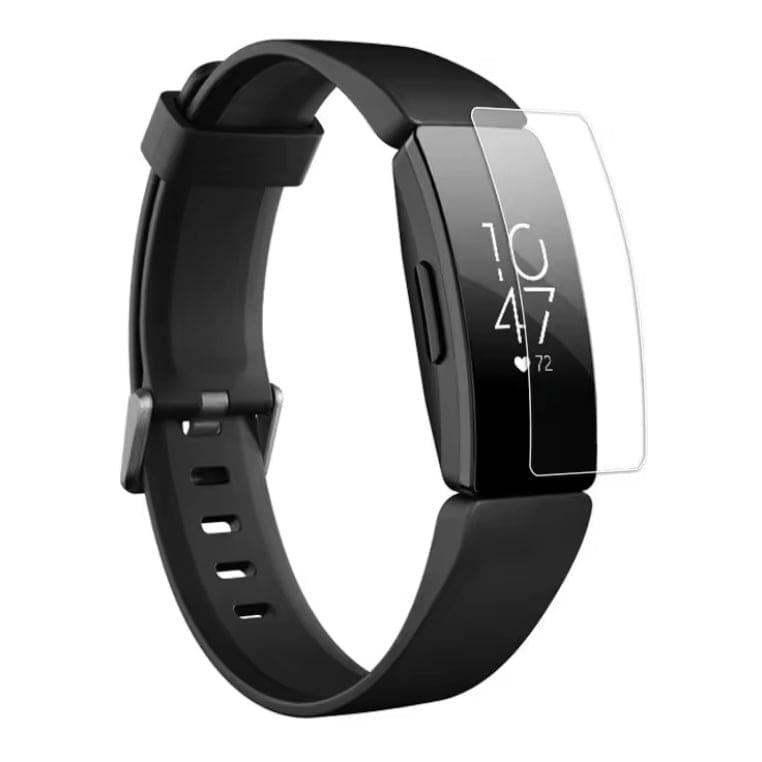 Black Fitbit Inspire HR screen protector by That Watch Shop, showing a clear, flexible watch screen cover on fitness tracker.