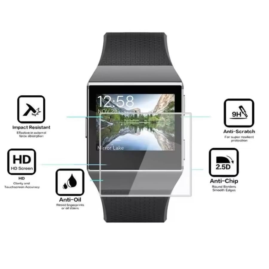 Fitbit Ionic smartwatch with clear screen protector, providing surface protection and maintaining display clarity.