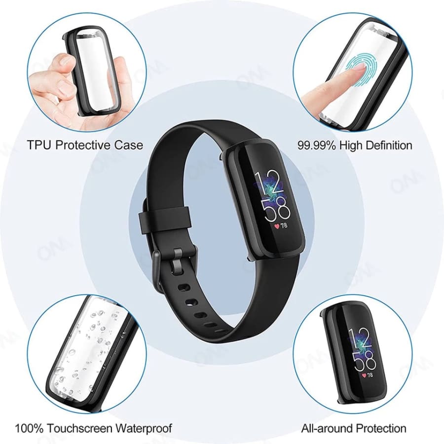 Black Fitbit Luxe protective watch case from That Watch Shop, showcasing durable coverage and precise fit for the fitness tracker.