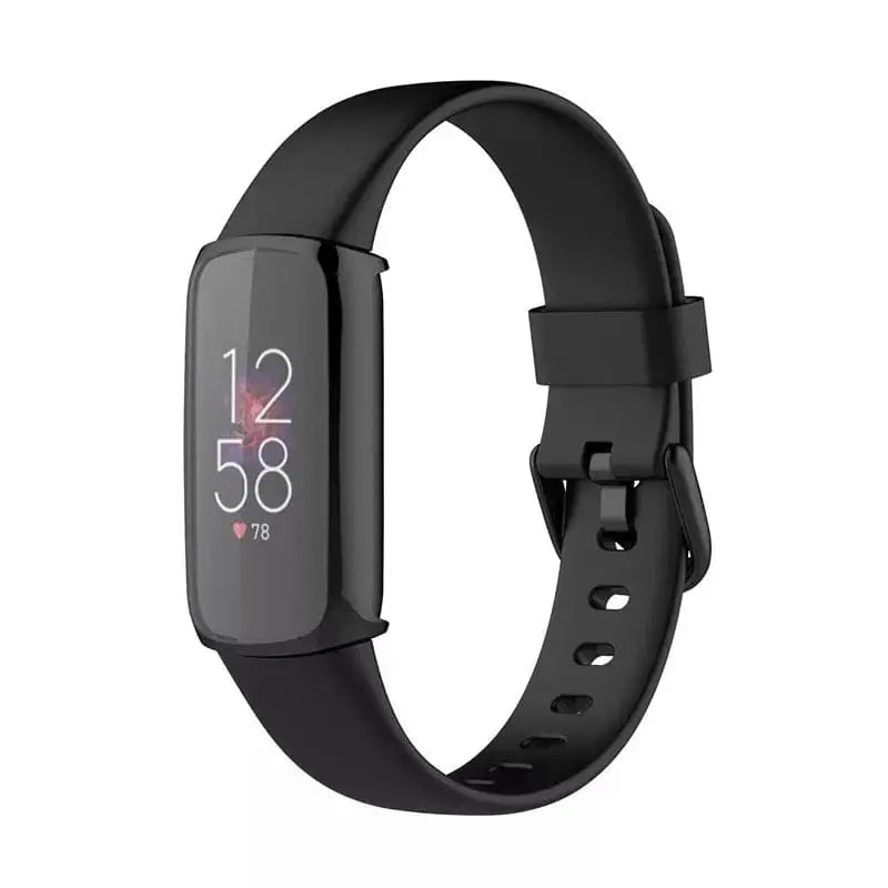 Black Habicare protective watch case for Fitbit Luxe, providing durable coverage and style for the fitness tracker.