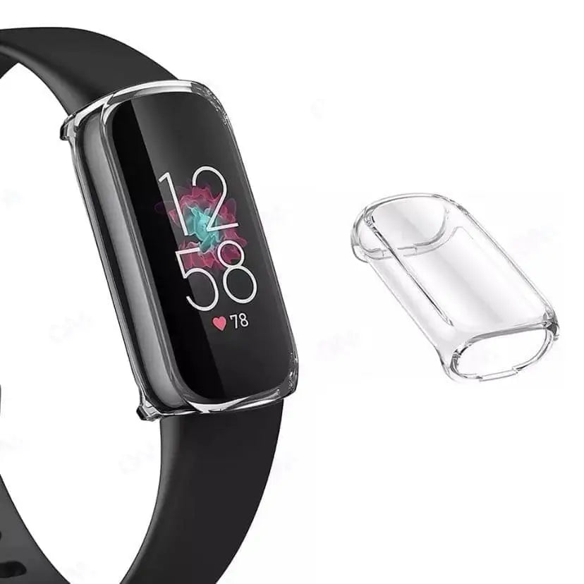 Clear Habicare protective case for Fitbit Luxe smartwatch, showcasing the transparent, durable cover fitting snugly over the device.