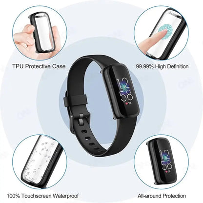 Clear protective case for Fitbit Luxe smartwatch by Habicare, showing the transparent, snug fit around the device.