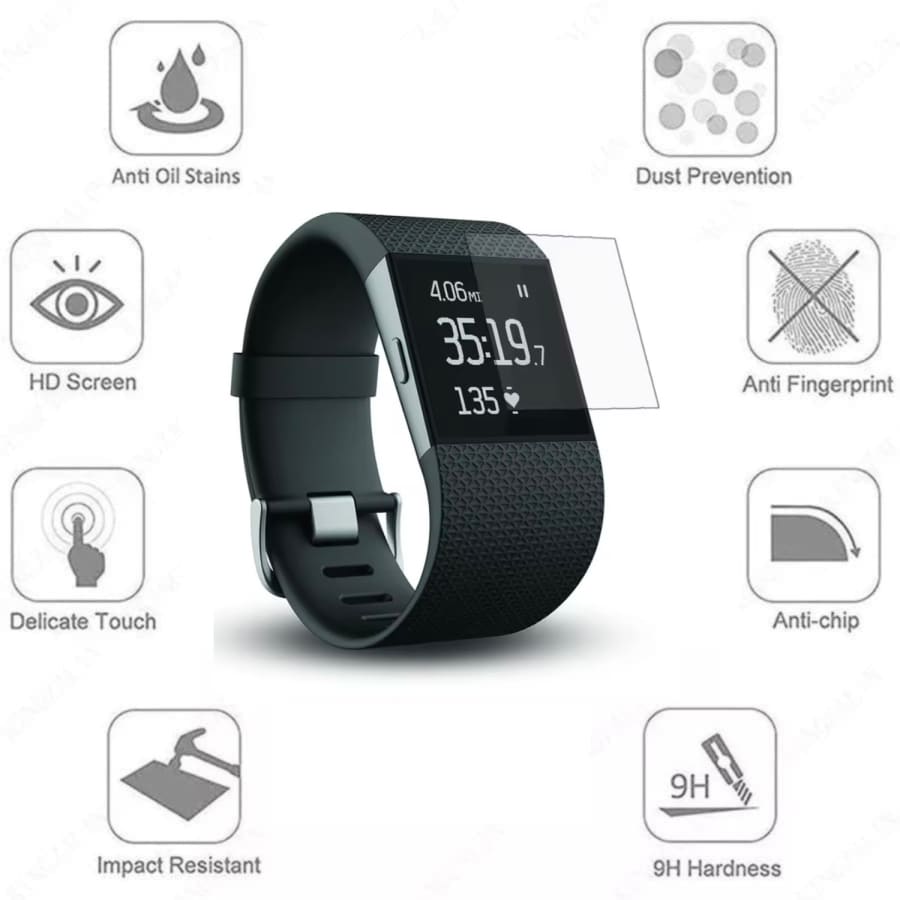 Pack of two Fitbit Surge screen protectors from That Watch Shop, clear watch screen protectors for smartwatch protection.