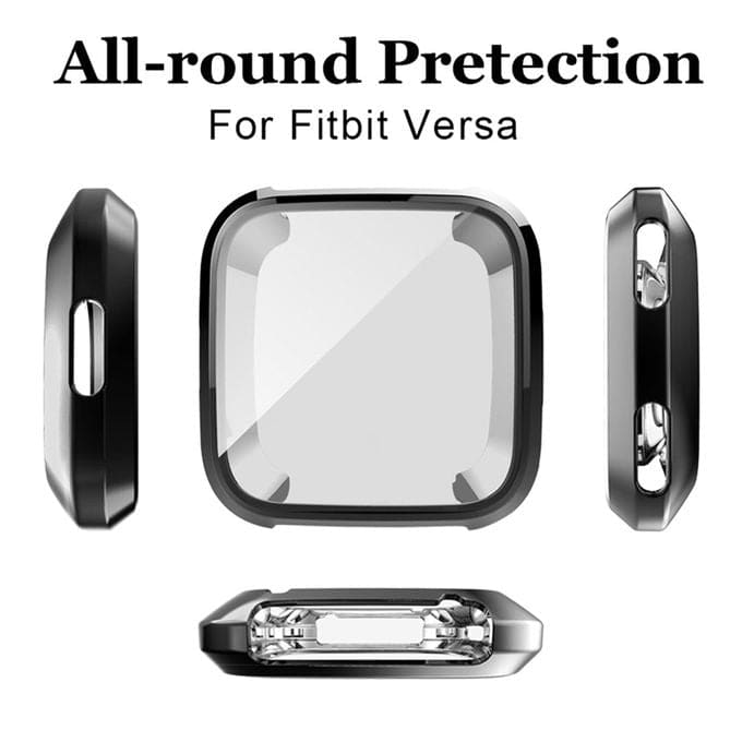 Black protective watch case for Fitbit Versa 1 from That Watch Shop, shown on a Fitbit device in a close-up image.