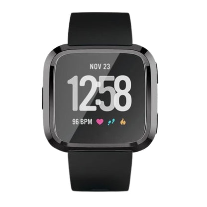 Black protective case for Fitbit Versa 1 smartwatch, designed to shield the device from scratches and impacts.