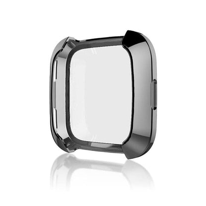 Black protective watch case for Fitbit Versa 1 with mirror black frame, designed to safeguard and enhance the device.