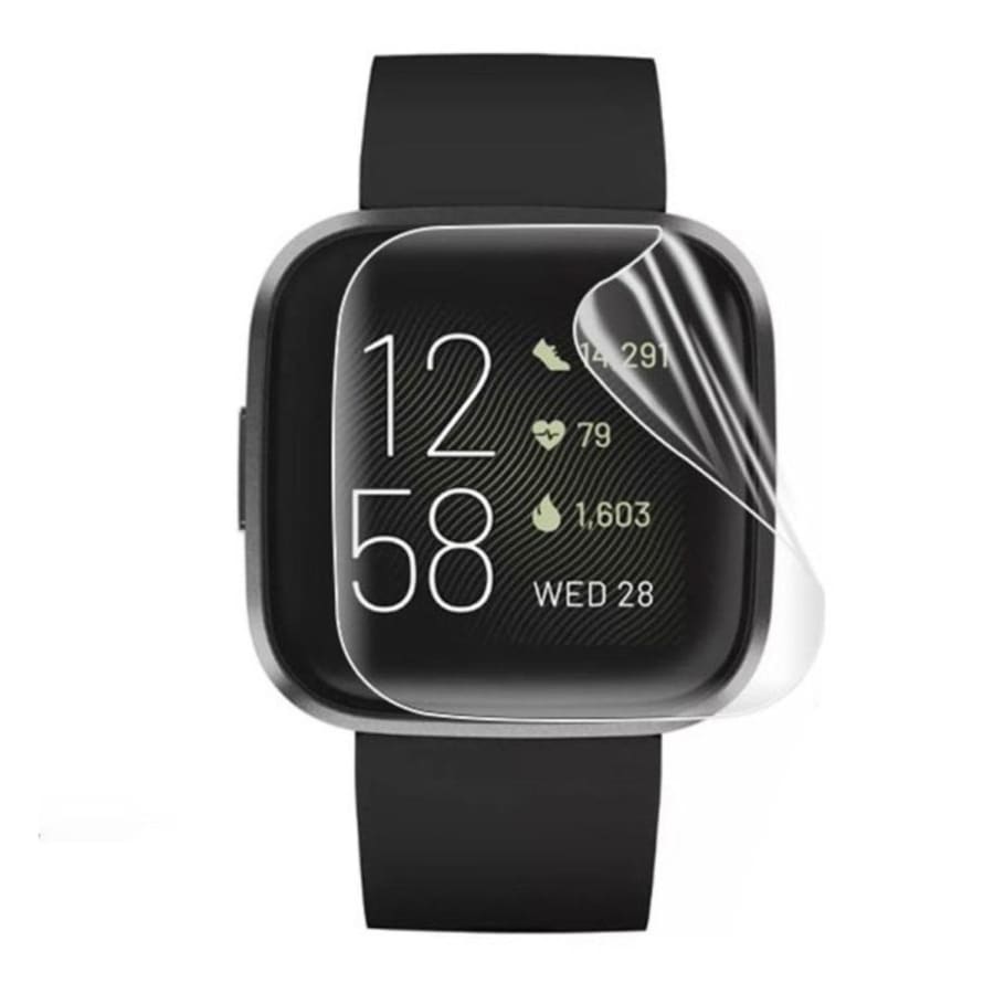 Set of six hydrogel screen protectors for Fitbit Versa 2 smartwatch, designed to shield the watch face from scratches and damage.