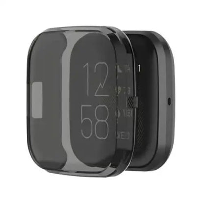 Transparent black Habicare protective case for Fitbit Versa 2 watch, showing a clear, durable shell protecting the device.