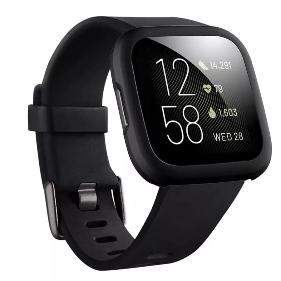Black Habicare protective case for Fitbit Versa 2, featuring a snug fit and durable material for watch protection.
