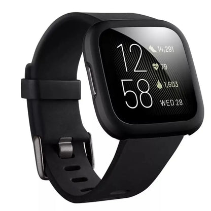 Black Habicare protective case for Fitbit Versa 2, featuring a snug fit and durable material for watch protection.