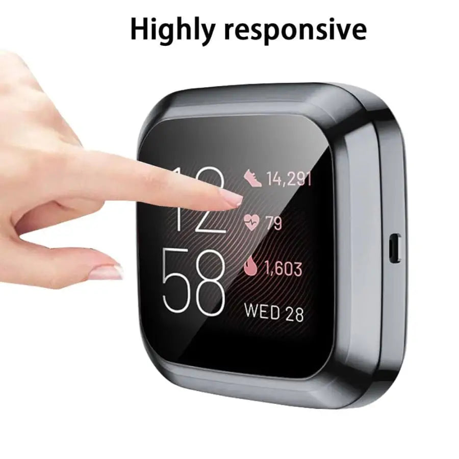 Black Habicare protective case for Fitbit Versa 2, showcasing a sleek watch case with precise cutouts and durable material.