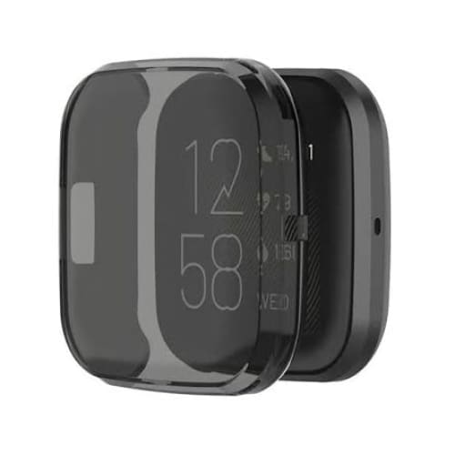 Black smoke protective case for Fitbit Versa 2 smartwatch, showing a snug fit around the device with clear button access.