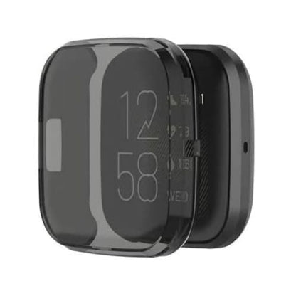 Black smoke protective case for Fitbit Versa 2 smartwatch, showing a snug fit around the device with clear button access.