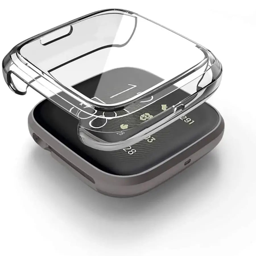 Clear Habicare protective case for Fitbit Versa 3, showcasing a snug fit and transparent design for device protection.