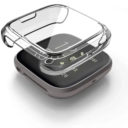 Clear Habicare protective case for Fitbit Versa 3, showcasing a snug fit and transparent design for device protection.