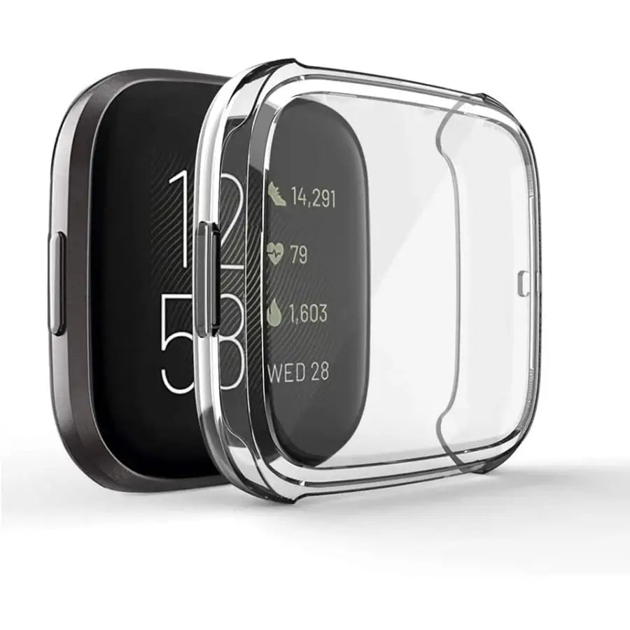 Clear Habicare protective case for Fitbit Versa 3 watch, showing transparent cover fitting securely over the device.