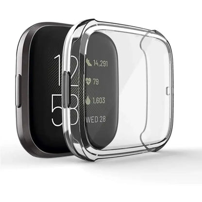 Clear Habicare protective case for Fitbit Versa 3 watch, showing transparent cover fitting securely over the device.