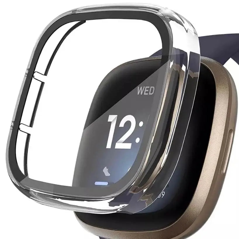 Clear Habicare protective case for Fitbit Versa 3, showing the transparent watch case with precise cutouts and fit.
