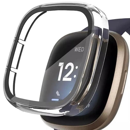 Clear Habicare protective case for Fitbit Versa 3, showing the transparent watch case with precise cutouts and fit.
