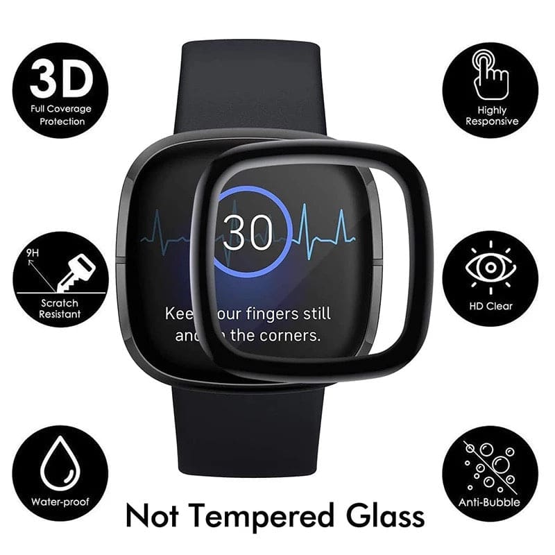 Fitbit Versa 4 screen protector by That Watch Shop, showing clear film covering the watch face for protection.