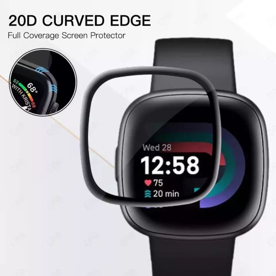 Fitbit Versa 4 screen protector by That Watch Shop, showing a clear protective film applied to the smartwatch display.