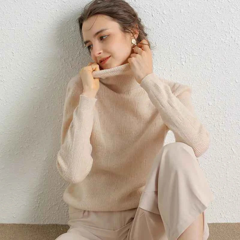 Women's 100% Merino Wool Turtleneck Sweater - Slim Fit, High Neck | Autumn Winter Layering