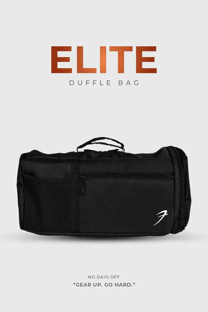 Black Fuaark Nz Elite Duffle Bag with sturdy handles and spacious main compartment for travel or gym use.