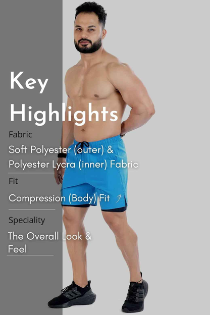 Blue 2-in-1 compression shorts by Fuaark Nz, athletic shorts with a fitted design for active wear.