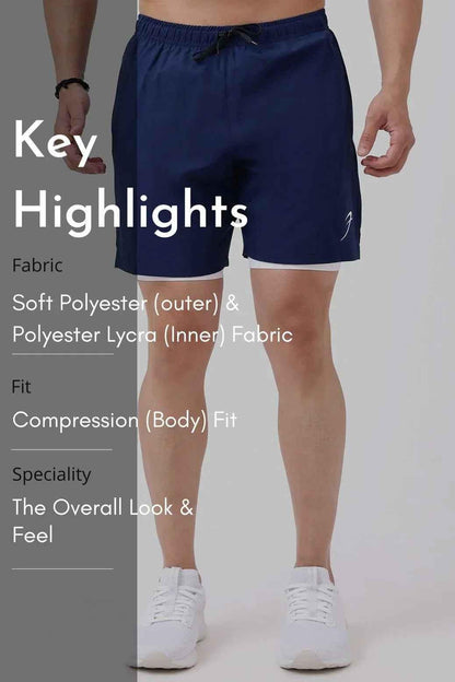 Navy 2-in-1 compression shorts by Fuaark NZ, featuring a sleek design and stretchy fabric for athletic performance.