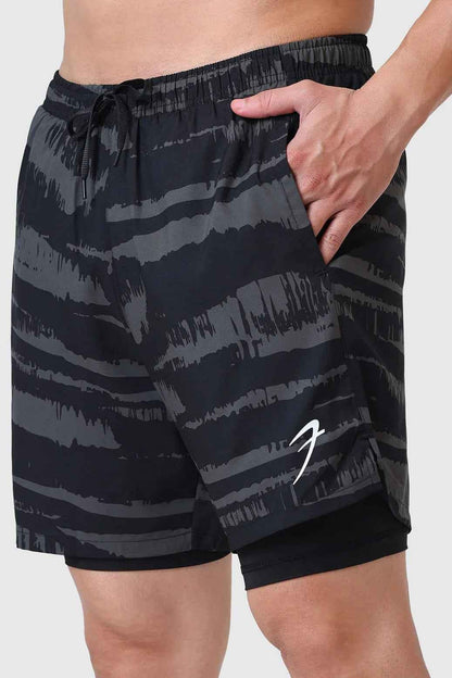 Olive green 2-in-1 printed compression shorts by Fuaark Nz with sleek design, perfect for active wear and workouts.