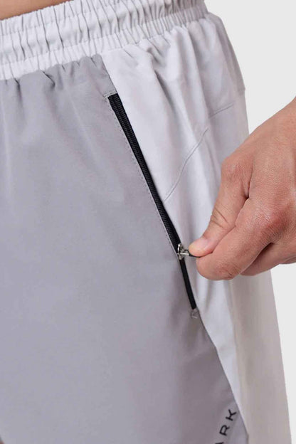 Light grey Snap Colourblock Shorts by Fuaark Nz featuring a stylish design and comfortable fit for casual wear.
