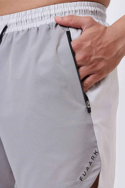 Light grey Snap Colourblock Shorts by Fuaark Nz, featuring a stylish colorblock design and casual fit.