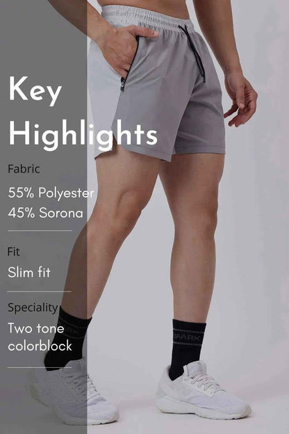 Light grey Snap Colourblock Shorts by Fuaark Nz, casual shorts with colorblock design and comfortable fit.